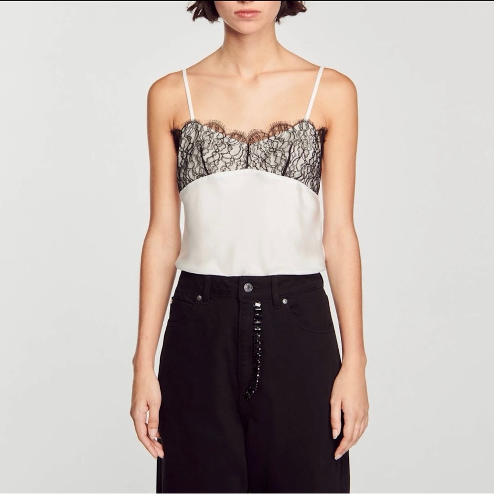 Sandro satin finish camisole with lace detail